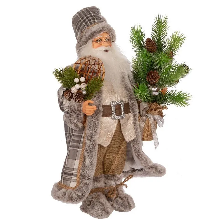 17" Natural Plaid Santa with Tree and Snowshoes