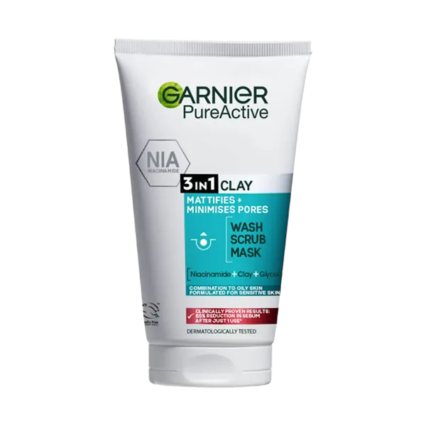 Garnier Pure Active 3-In-1 Clay Wash Scrub Mask 150ml