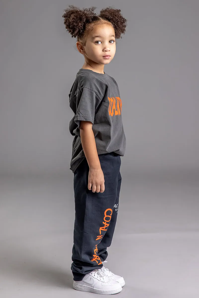 KIDS DARK GREY N ORANGE SPRAY TEE