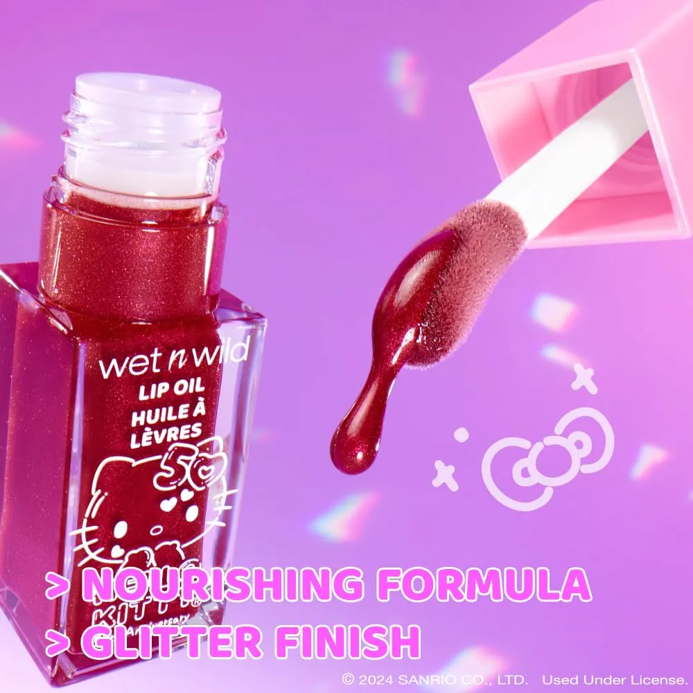 Wet N Wild Hello Kitty Glitter Lip Oil, New 10 Oil Infused Formula, Warm Apple Pie Lightly Scented, Sparkly Bold Colors, Cruelty-Free & Vegan - Magic Apple